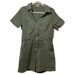 Hem & Thread Denim Army Green Shorts Button Up Romper Size Medium Jumpsuit